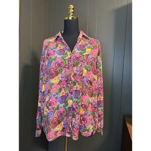 Vintage Jordache Floral Long Sleeve Button Up‎ L Large Pink Purple Yellow